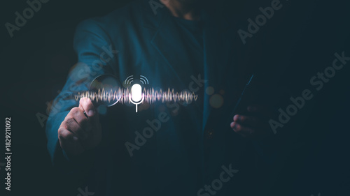 Talking to digital assistants, searching for information, and interacting on the internet with your voice powered by modern AI technology that uses voice to control, the concept of voice search