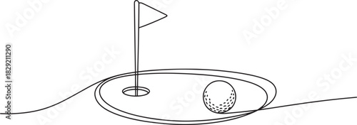 Continuous line art golf flag and ball vector – minimal sport design for golf course, hole, leisure, competition, or outdoor recreation concept