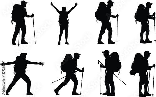 Collection of eight hiker silhouettes showing people with large backpacks and trekking poles, expressing adventure, success, and exploration during mountain climbing and nature travel, vector graphic