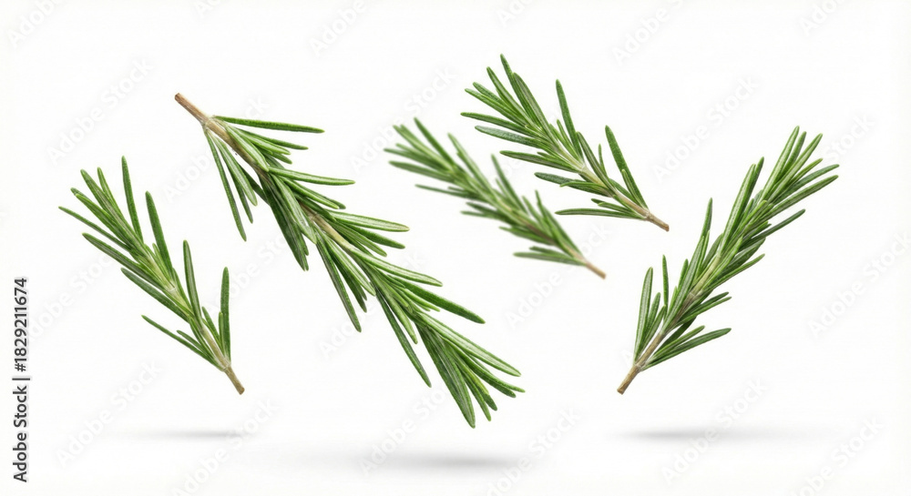 Fototapeta premium Falling Fresh Rosemary Sprigs Isolated for Herbal Seasoning