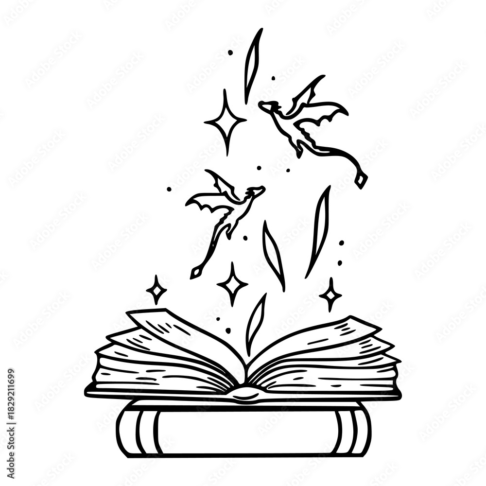 Obraz premium open book with flying dragons and magic sparks