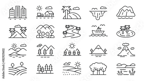 Collection of landscape scenery and nature elements in outline style for graphic design needs