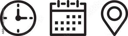 Time, location, and calendar icon set vector – clock, map pin, and schedule date symbols for planning, organization, or travel design