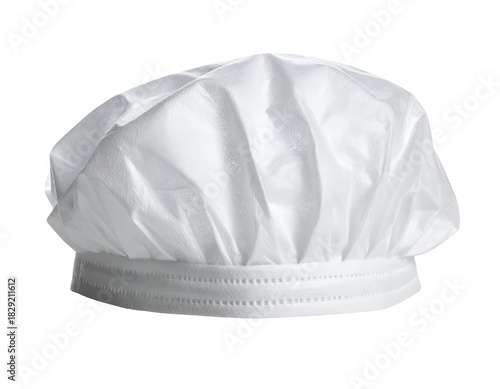 White disposable chef hat or bouffant kitchen cap for food hygiene protection on isolated background