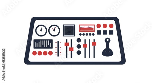 Illustration of a control panel with various buttons, knobs, and gauges.