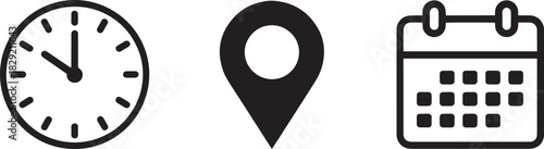 Time, location, and calendar icon set vector – clock, map pin, and schedule date symbols for planning, organization, or travel design