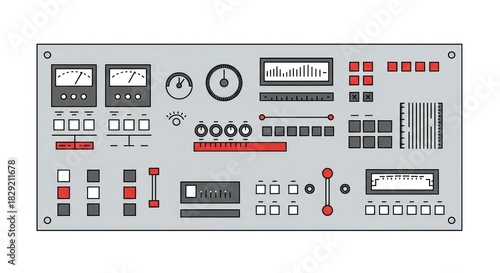 Detailed Control Panel Illustration with Gauges and Switches.