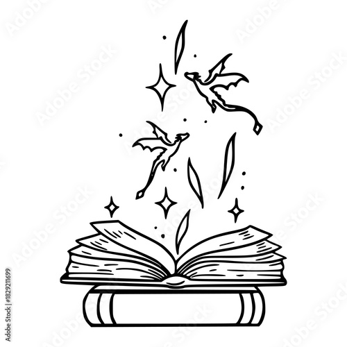 open book with flying dragons and magic sparks