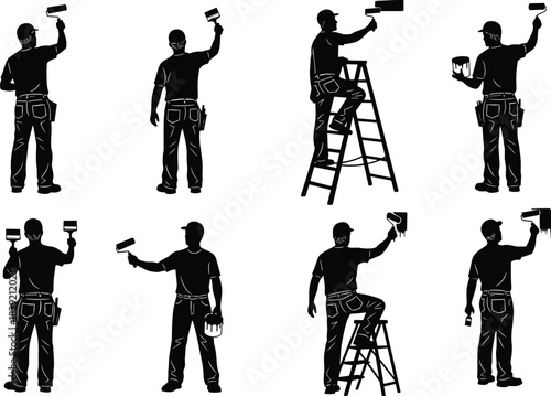 Collection of painter silhouettes showing men using rollers, brushes, and ladders, representing home renovation, house painting work, maintenance, and DIY projects