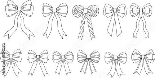 Twelve Ribbon Bows Vector Outline Set, Variety of Decorative Line Art Elements for Holiday Gift Wrapping