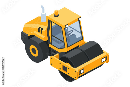Isometric flat vector illustration of a tandem roller road compactor