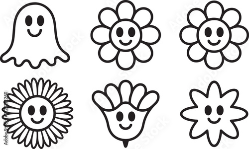 Cute flower and ghost doodle set vector – smiling floral cartoon icons in hand-drawn line art for kids, fun, or creative design illustration