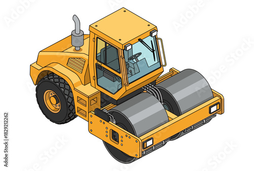 Isometric realistic detailed vector illustration of a tandem roller road compactor