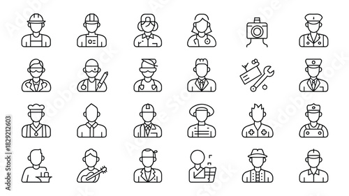 Occupations professions career jobs people worker employment labor workforce outline icons set