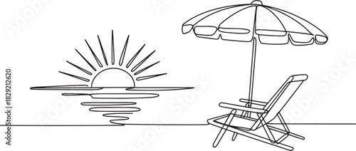 Continuous line art beach chair and umbrella vector – minimal summer seaside vacation scene with sunset for travel or relaxation design