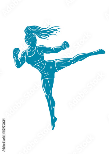 Muscular female Latina fighter with short braided hairs wearing finger less combat gloves