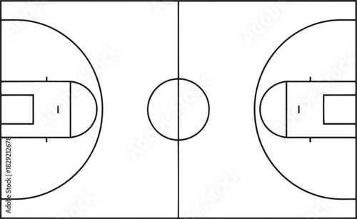 Basketball court diagram vector – simple black outline of sports field plan for game, training, strategy, or athletic design illustration
