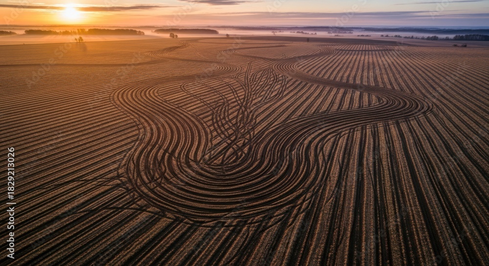Naklejka premium Golden Sunrise Over Raked Sand Patterns on a Serene Beach.
