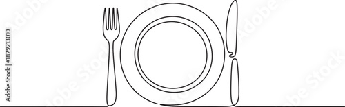 Continuous line art plate with fork and knife vector – minimal dining table setting illustration for food, restaurant, or culinary design