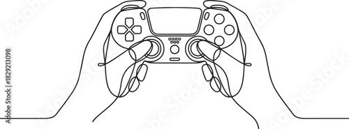 Game controller line art vector – hands holding gaming device continuous line style for esports, technology, entertainment or digital play design