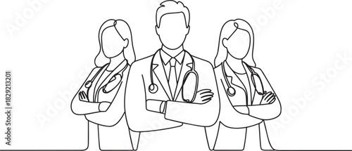 Team of doctors line art vector – medical professionals in lab coats with stethoscope outline illustration for healthcare, medicine, or clinic design