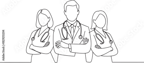 Team of doctors line art vector – medical professionals in lab coats with stethoscope outline illustration for healthcare, medicine, or clinic design