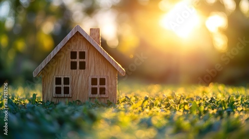 Wooden house model on grass, sunset background, ideal for real estate, property, or home design