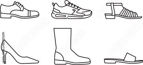 Footwear shoe icon set vector – sneakers, boots, heels, sandals, and loafers outline illustration for fashion, style, and design concepts