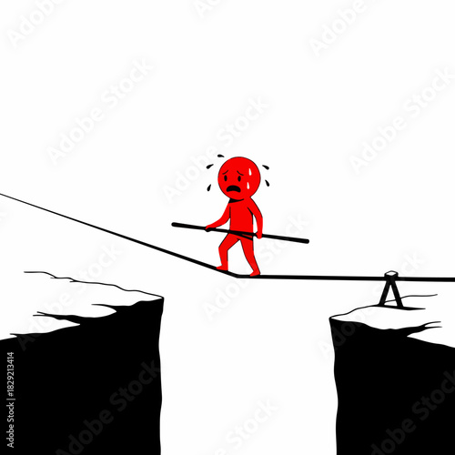 Scared Red Character Walking Tightrope over Cliff Risk Concept
