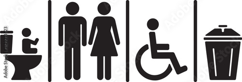 Restroom symbols icon set vector – man, woman, baby changing, wheelchair, and trash bin black silhouettes for public facility signage design