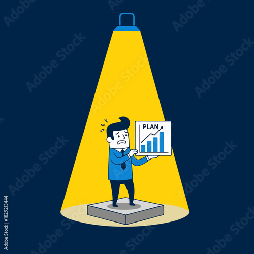 Nervous Businessman Presenting Plan Chart Under Bright Spotlight Scrutiny Concept