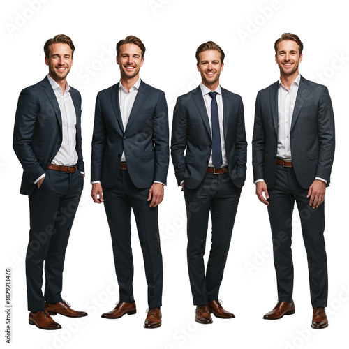 Four stylish men in tailored suits posing together for a professional photoshoot isolated on transparent background
