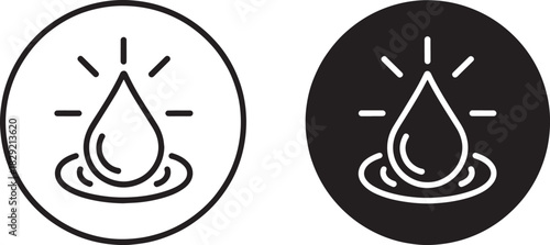 Water drop icon set vector – black and white droplet with shine lines, symbol of purity, hydration, environment, eco, or nature design illustration