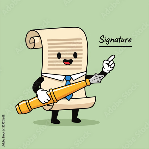 Funny Contract Scroll Mascot Pointing to Signature