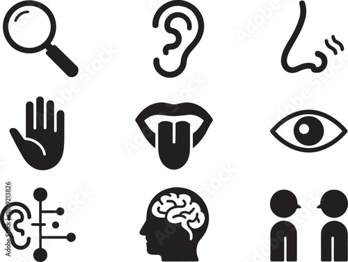 Human senses icon set vector – black and white symbol collection showing sight, hearing, taste, smell, and touch for anatomy or education design