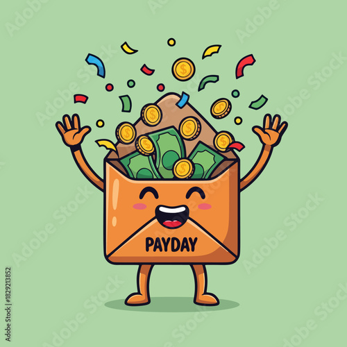 Happy Envelope Character Bursting with Money for Payday