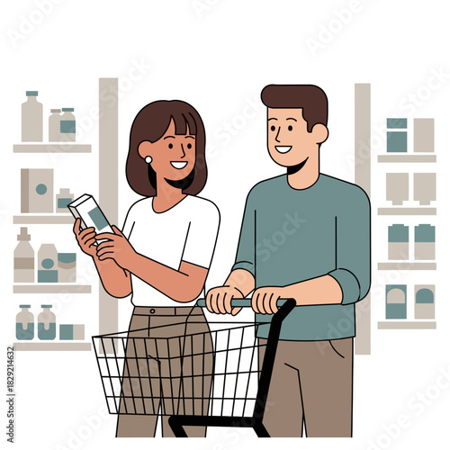 Smiling duo confidently navigating the supermarket, making thoughtful product selections during their shopping trip