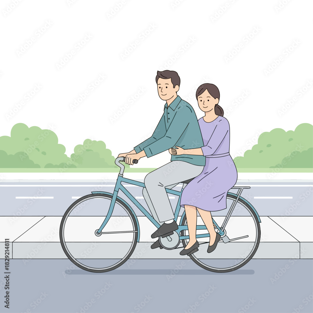 Obraz premium Joyful couple cycling together on a bright day, embracing the freedom of an outdoor adventure and shared moments