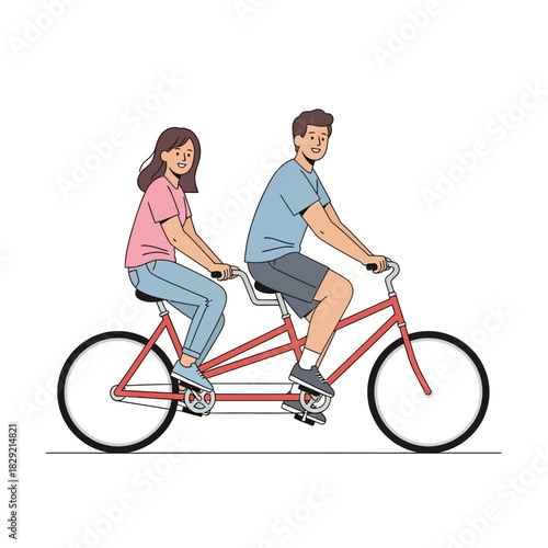 Joyful couple enjoys a delightful outdoor cycling adventure, pedaling together on a red tandem bicycle