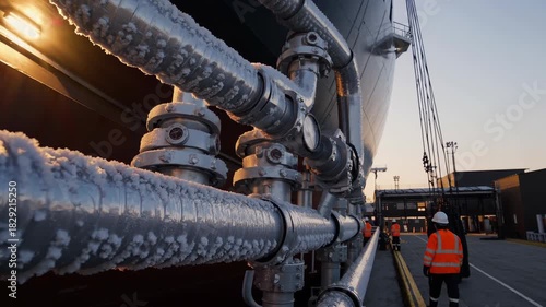 Frozen pipes and pressure gauges on a large liquefied natural gas tanker, with a worker in uniform walking along the dock under the golden sunset light