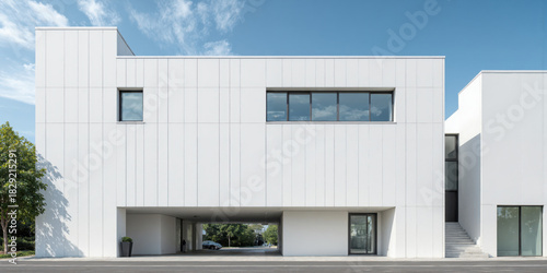 Modern Building Exterior White Facade Tree Blue Sky Minimalist Architecture Biophilic Design Contrast Eye-level view of a stark white modern