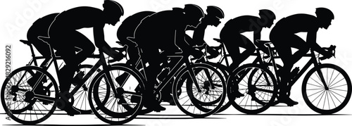 Dynamic silhouette illustration of a professional cycling peloton racing at high speed, representing teamwork, competition, endurance, and sporting triumph