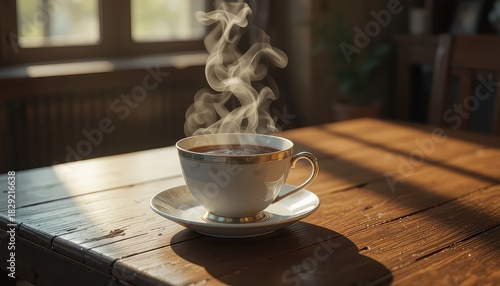 A steaming cup of coffee on a saucer sitting on a weathered wooden table near a bright window