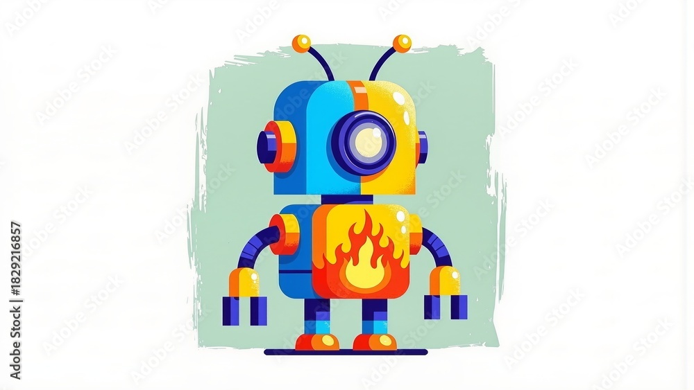 Fototapeta premium Modern abstract robot with flame design and asymmetrical color scheme on mint background. Perfect for tech startups, innovation concepts, and creative projects.