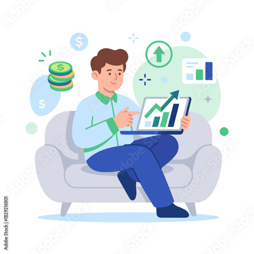 A man sitting on a couch with a laptop showing a stock market graph and coins, symbolizing financial growth and investment.