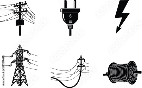Electric utility vector icons featuring power poles, plug connector, lightning bolt, transmission tower, cable lines and wire spool in black silhouette, energy