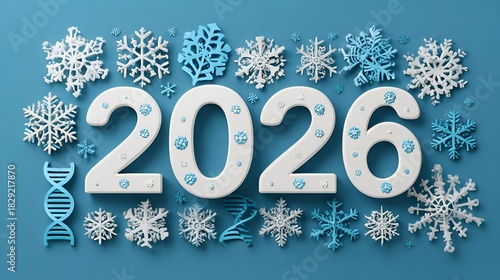 The year 2026 is decorated with snowflakes and DNA strands on a light blue surface creating a science and winter holiday theme look.