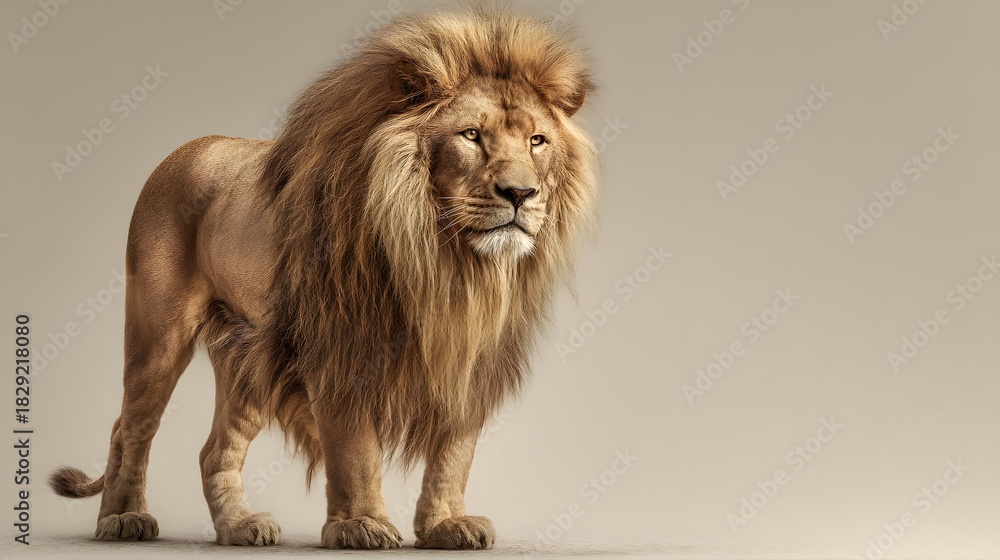 Obraz premium Majestic Lion Standing Tall with Golden Mane on a Neutral Background.