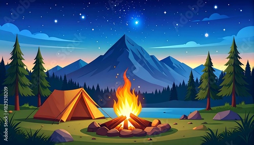 Tranquil campsite under starry skies, mountain backdrop and cozy fire place