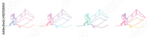 A pack of 4 continuous one-line vector illustrations, featuring a hiker climbing a mountain in modern colorful gradients. Concept set for themes related to challenge, adventure, achieving goals, 
